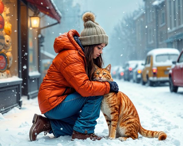 Winter Scene with Woman and Ginger Cat in Snow