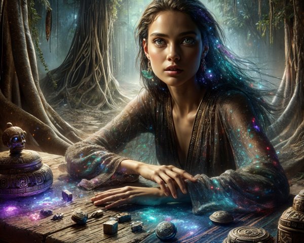 Young woman in mystical forest with cosmic themes