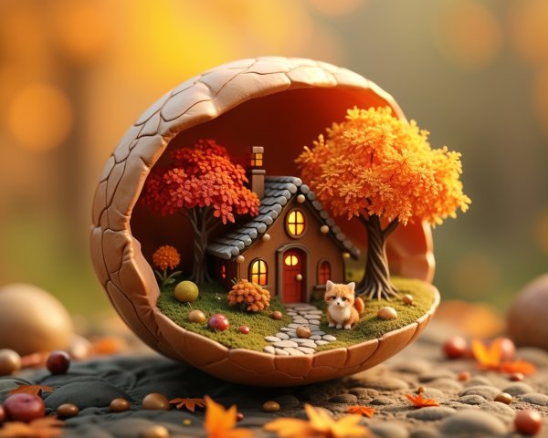 Miniature Scene Inside Cracked Egg Shell with Cottage