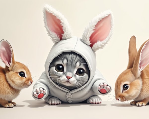 Kitten in Rabbit Costume with Curious Rabbits
