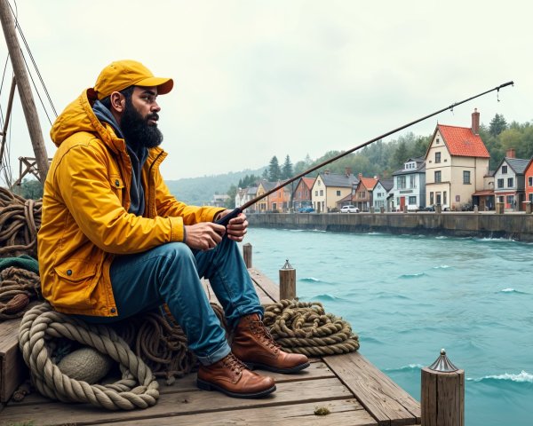 Man in Yellow Jacket Fishing on a Wooden Pier