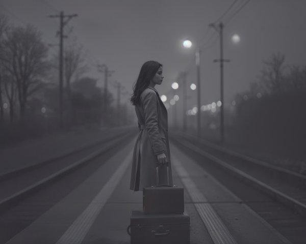 Solitary Figure on Misty Railway Track with Suitcase