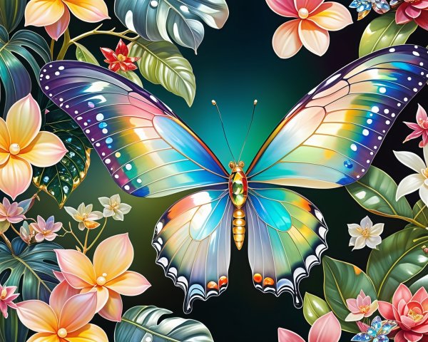 Vibrant Butterfly Surrounded by Tropical Flora