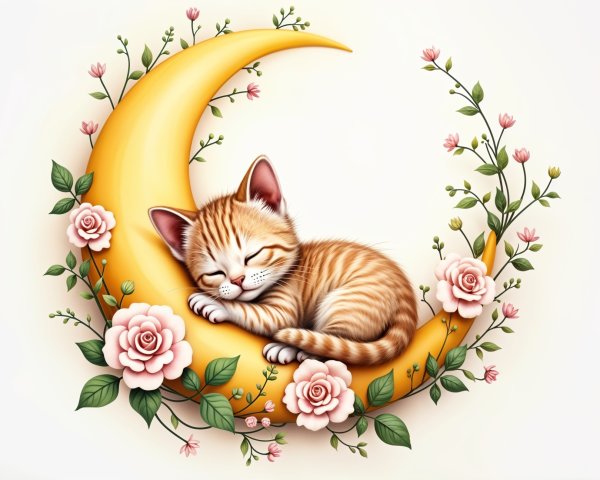 Orange Tabby Kitten Sleeping on Crescent Moon