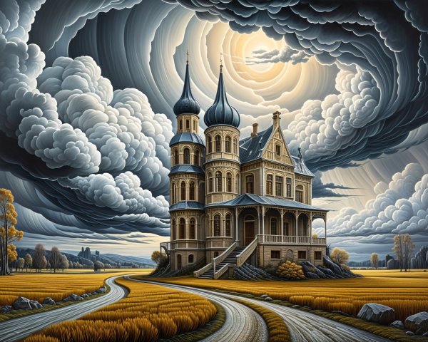 Ornate mansion with spires in golden fields under clouds