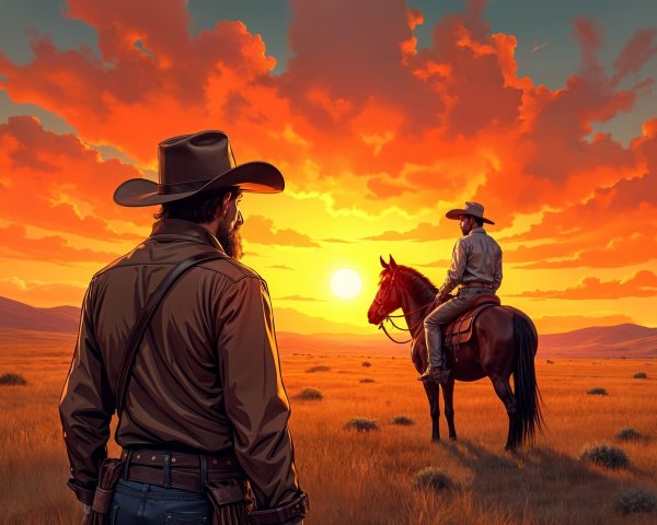 Cowboys in Sunset Over Golden Grassland Landscape
