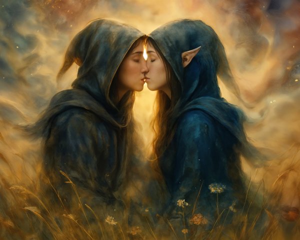 Hooded Figures Kissing in a Dreamy Cosmic Setting