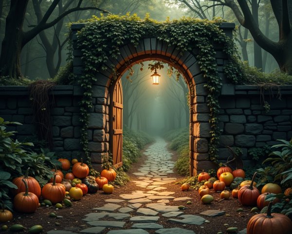 Serene Forest Path with Stone Archway and Lantern