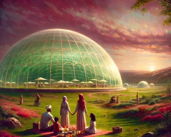 Diverse Family Picnic in Futuristic Landscape at Sunset