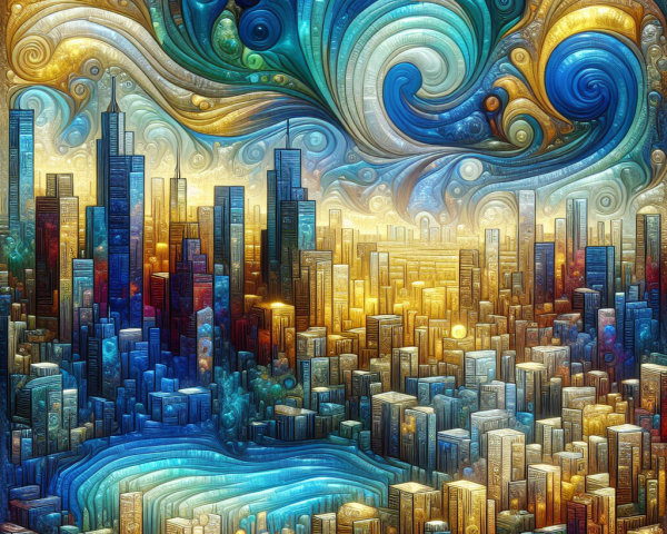 Abstract Cityscape with Blue and Gold Swirling Clouds