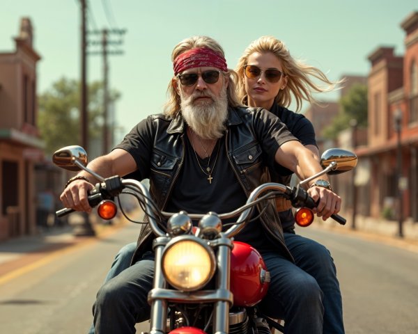 Rugged man and woman on motorcycle in small town