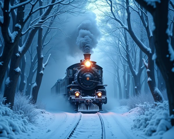 Vintage Steam Train in Snowy Forest Landscape