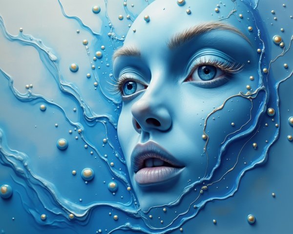 Surreal Ethereal Face with Blue-Toned Skin and Orbs