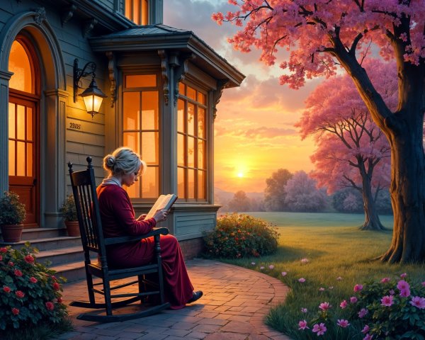 Woman Reading on Porch at Sunset with Blooming Trees