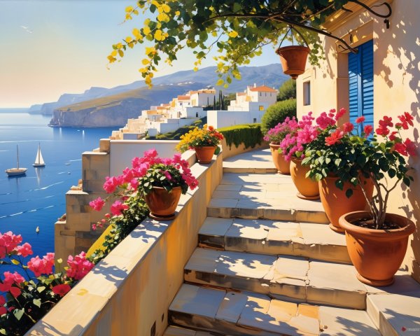 Coastal Scene with Bougainvillea and Whitewashed Buildings