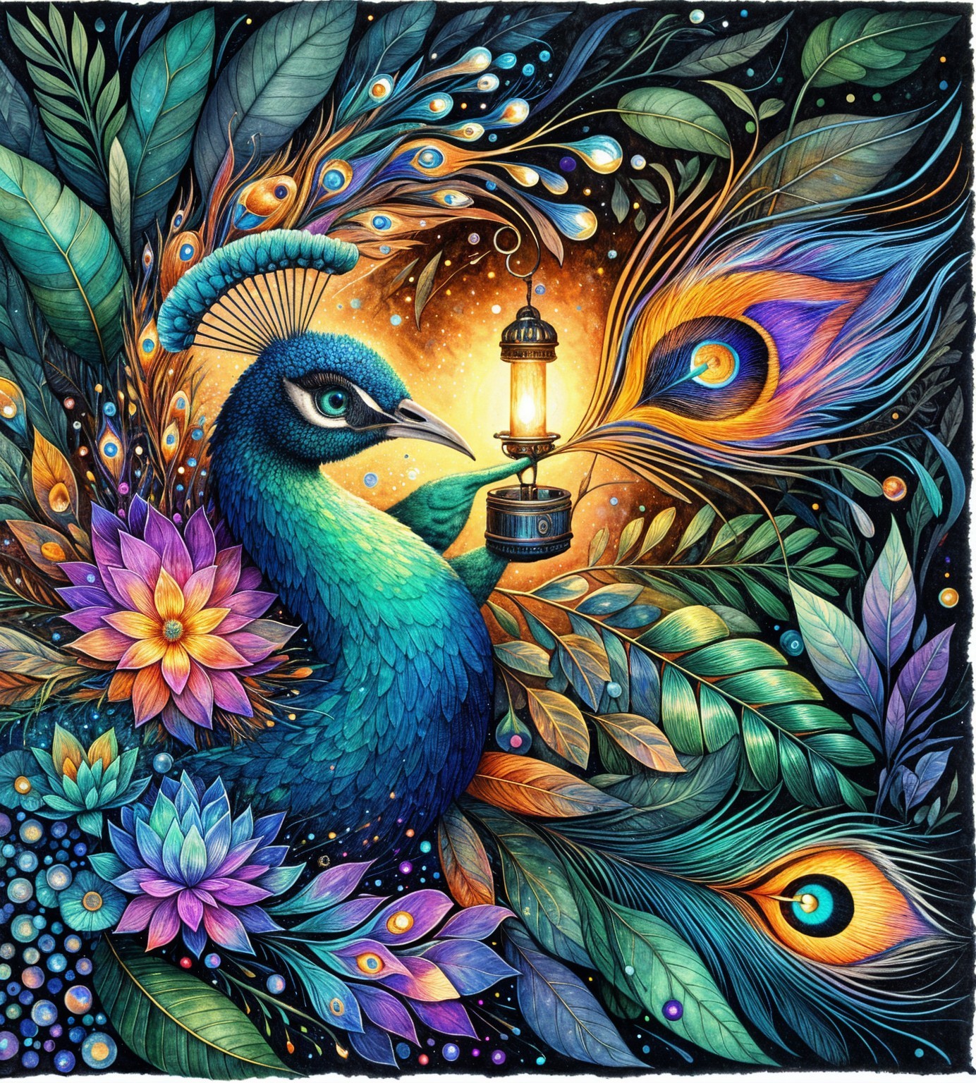 Vibrant Peacock with Lantern in Colorful Floral Setting