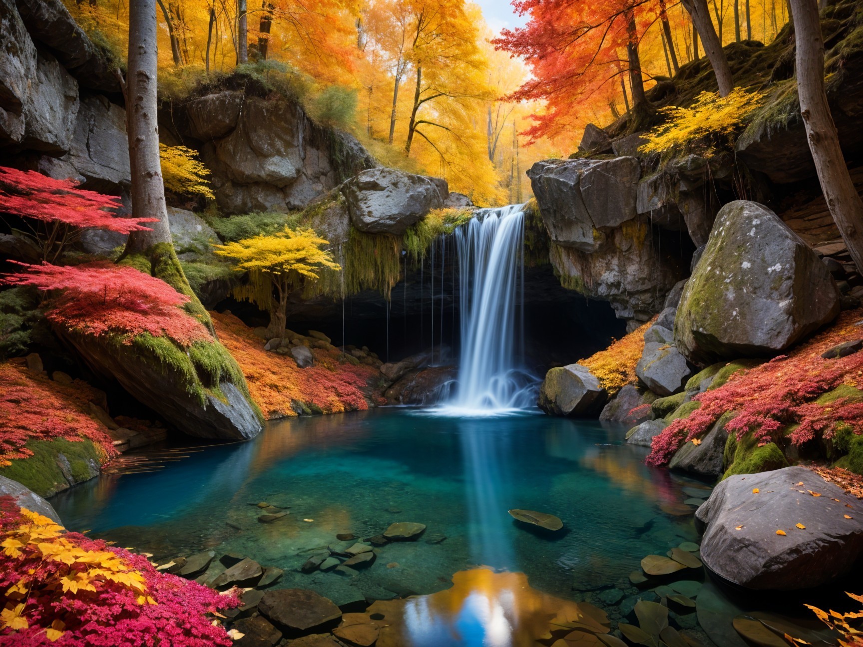 Serene Waterfall Surrounded by Autumn Foliage