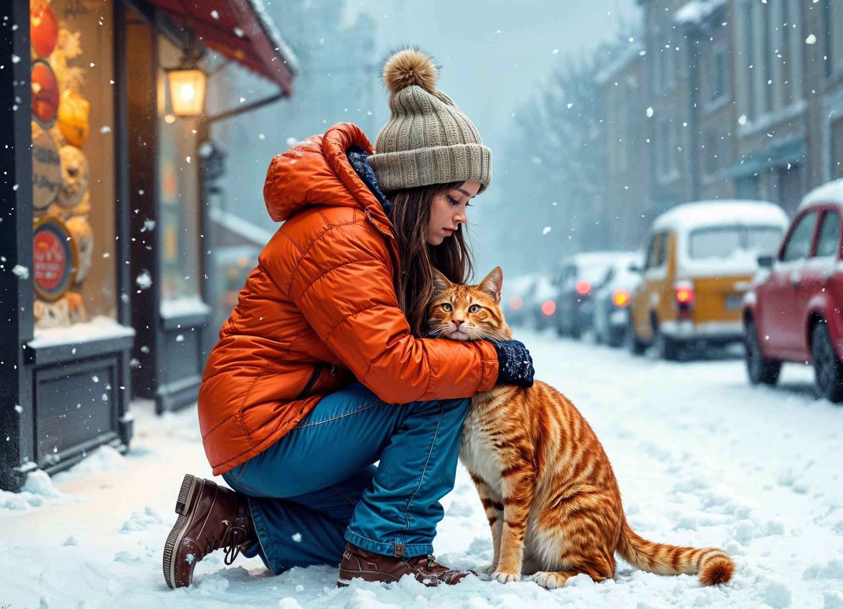 Winter Scene with Woman and Ginger Cat in Snow