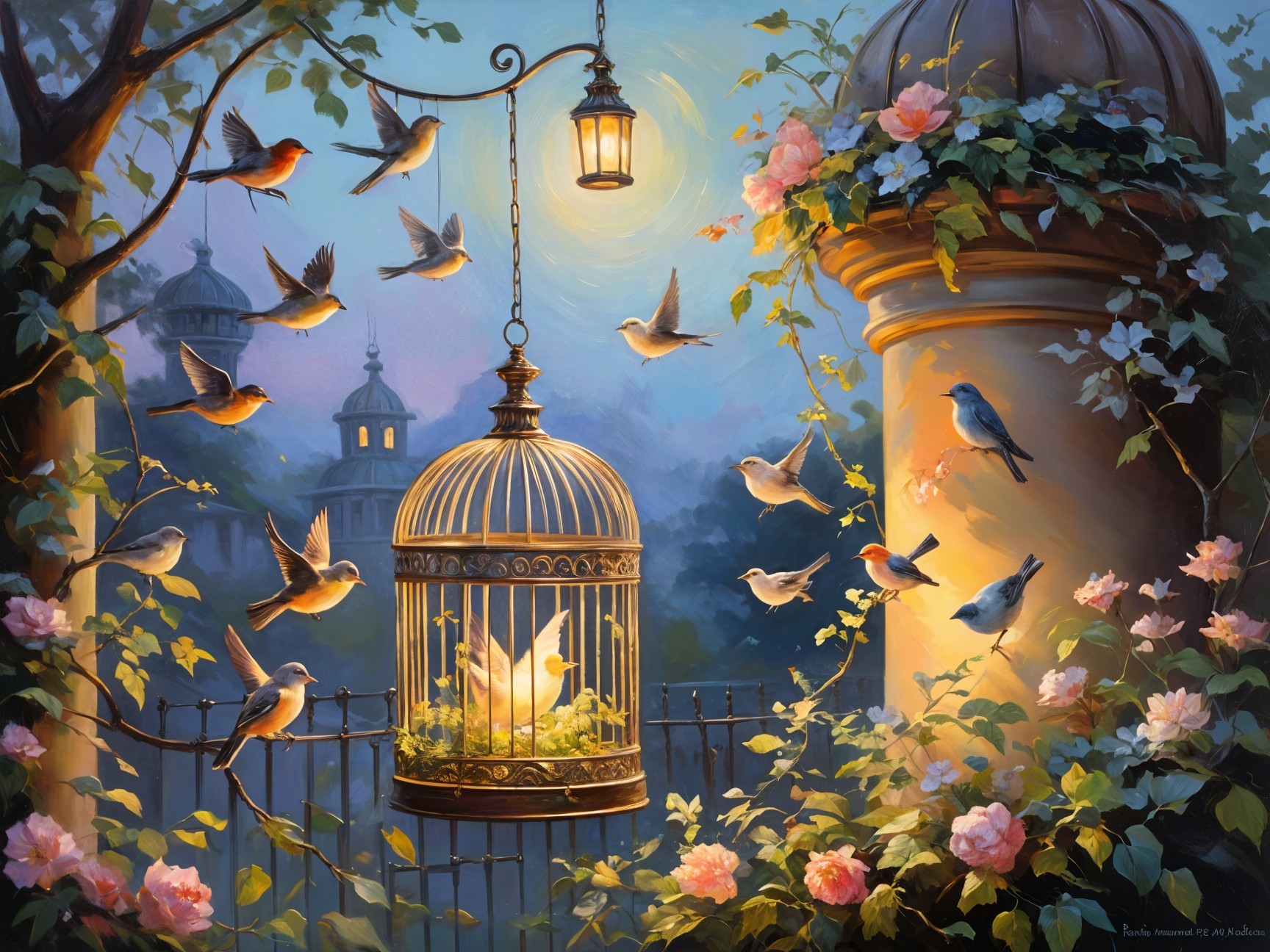 Twilight Garden with Birdcage and Lanterns