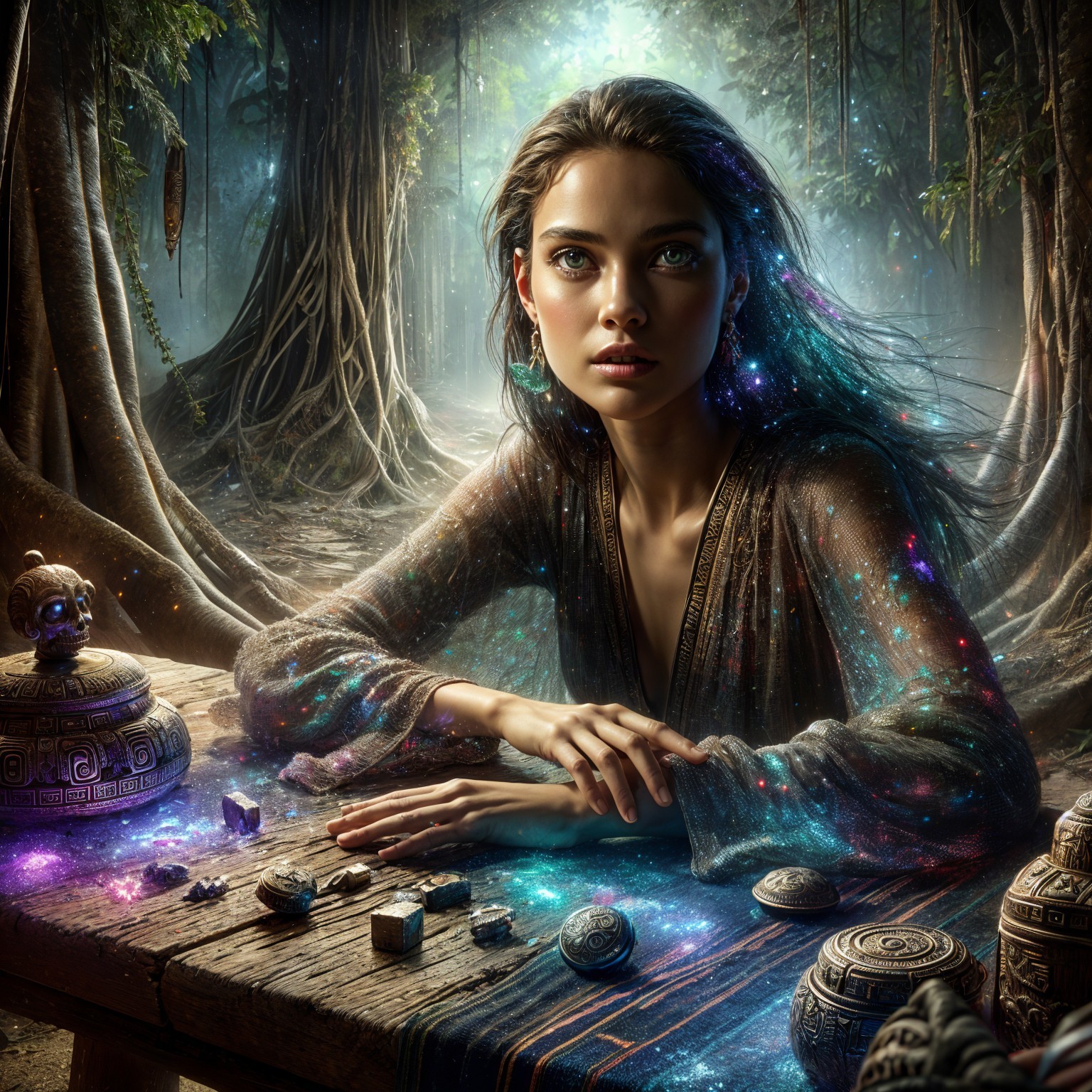 Young woman in mystical forest with cosmic themes