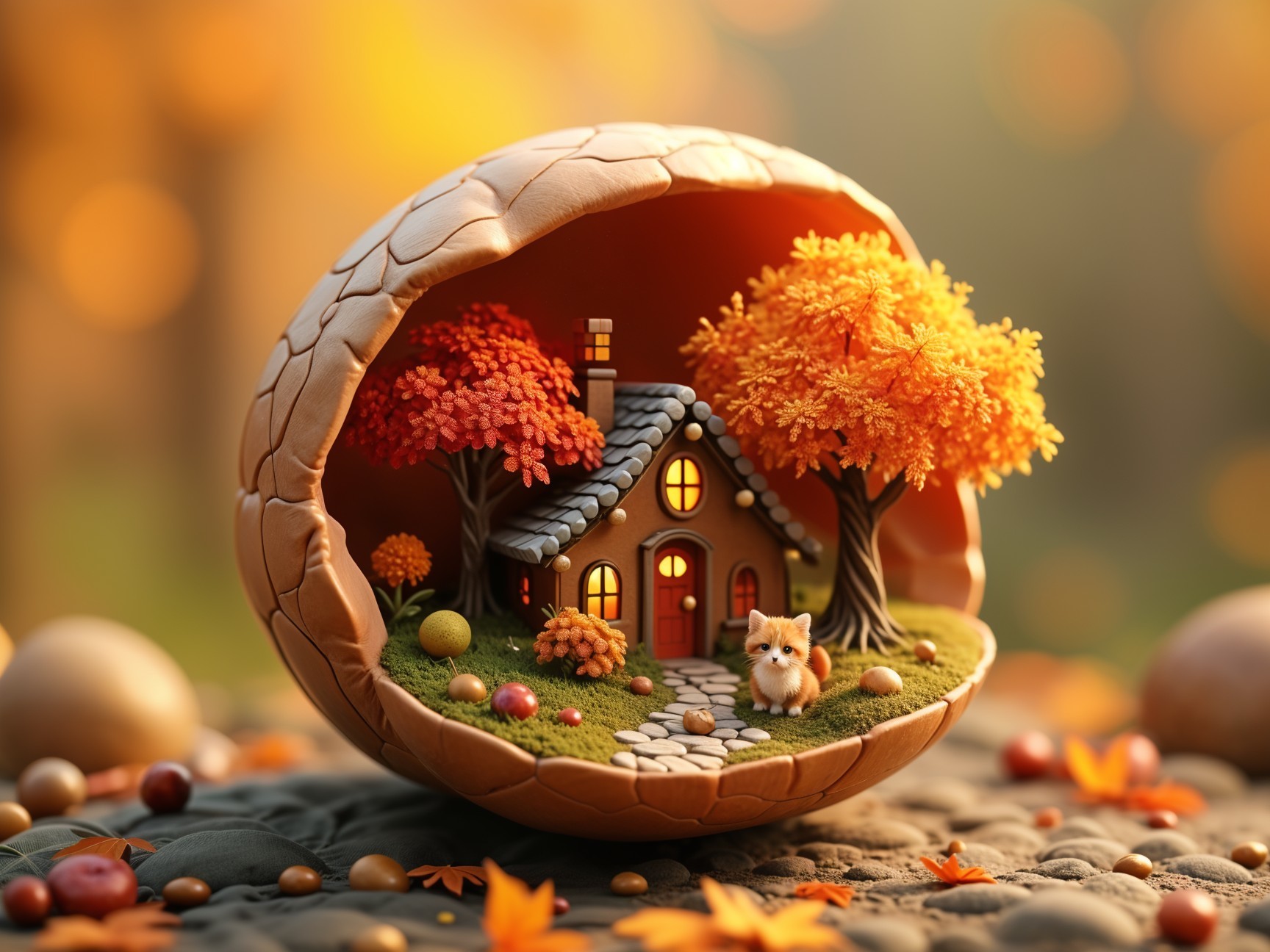 Miniature Scene Inside Cracked Egg Shell with Cottage
