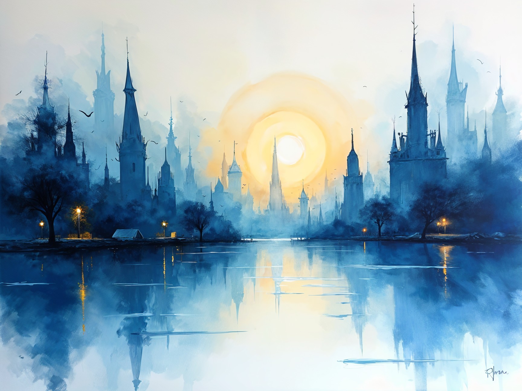 Ethereal City Skyline with Mist and Golden Sunrise