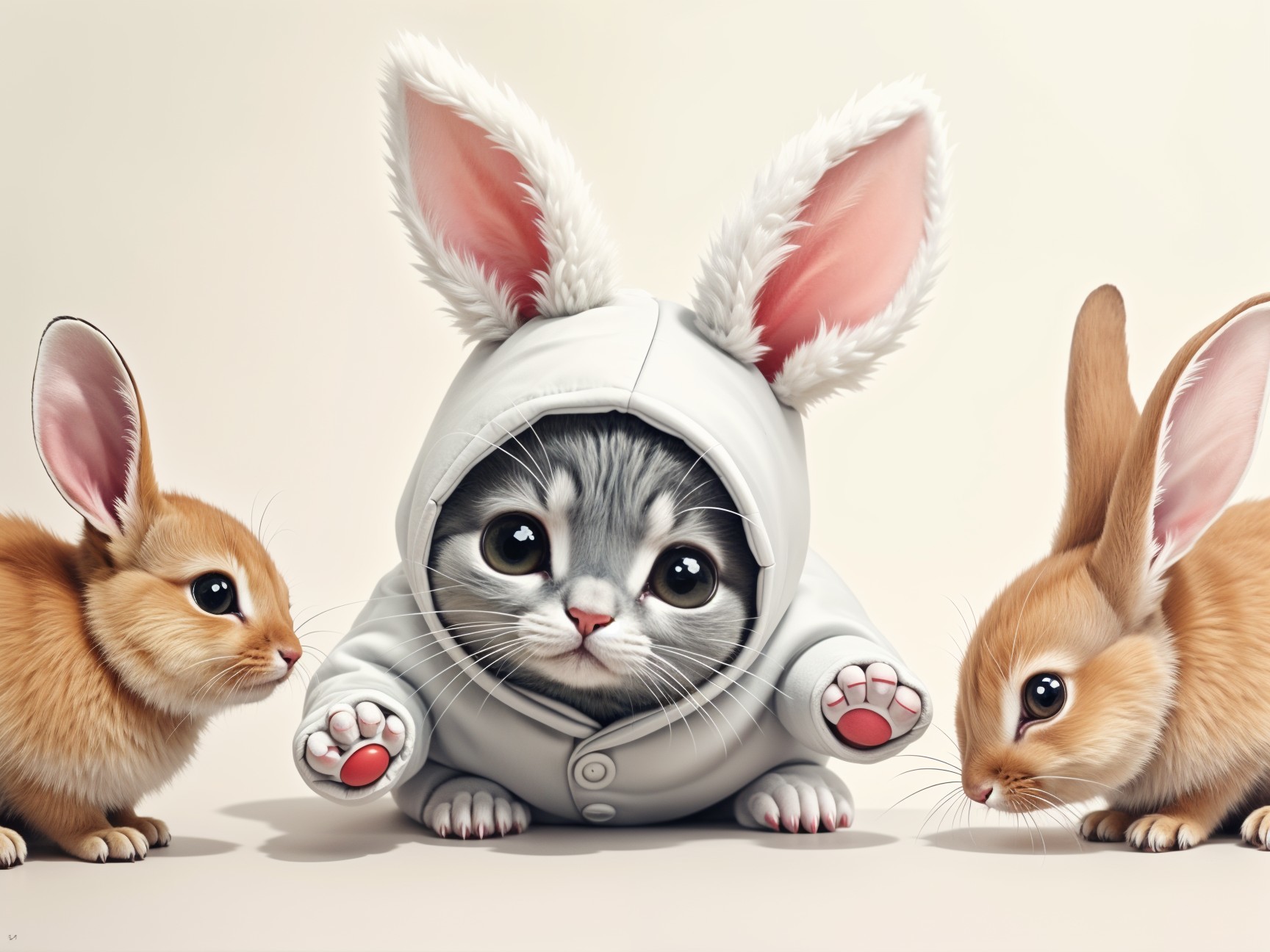 Kitten in Rabbit Costume with Curious Rabbits