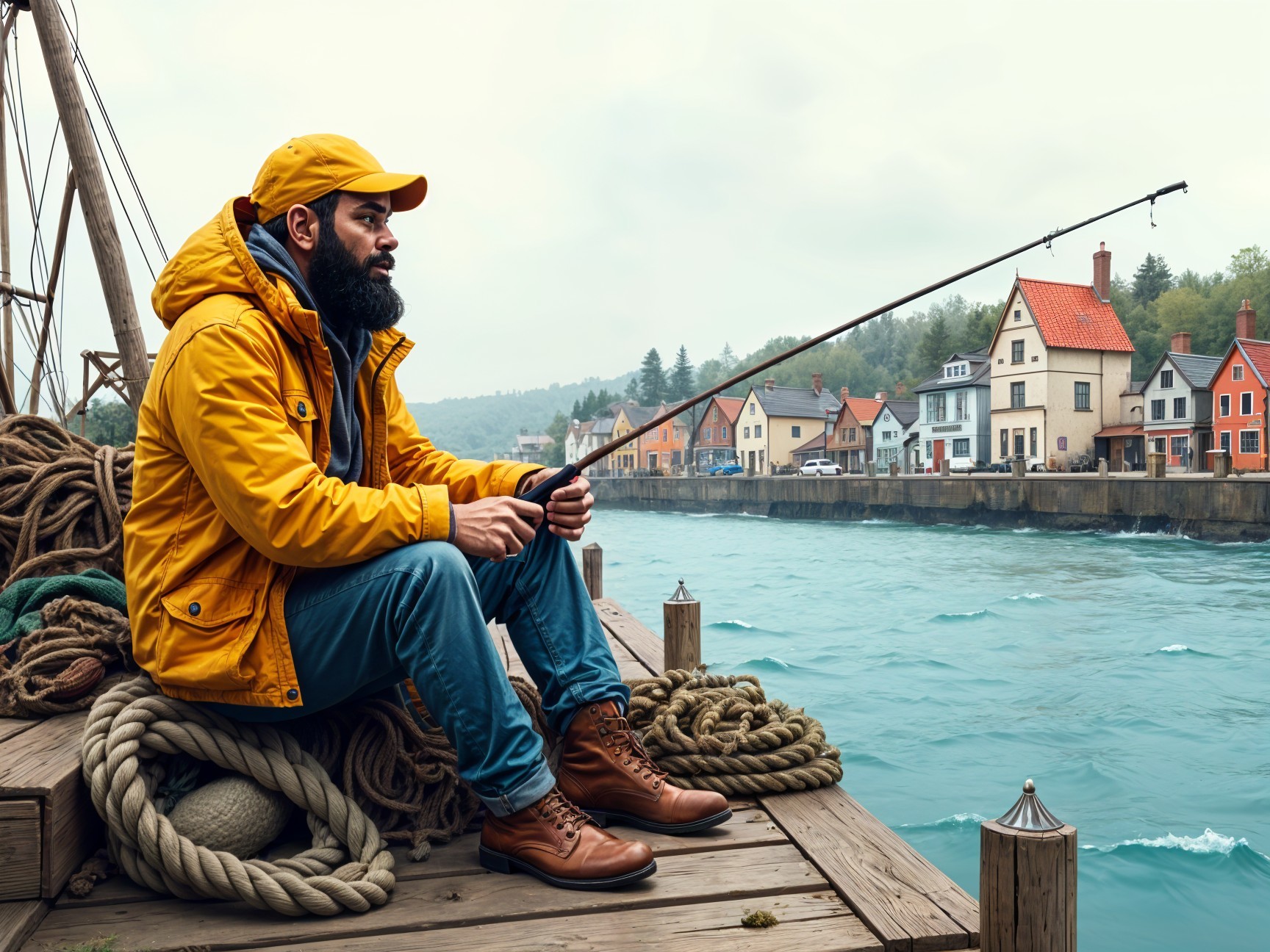Man in Yellow Jacket Fishing on a Wooden Pier