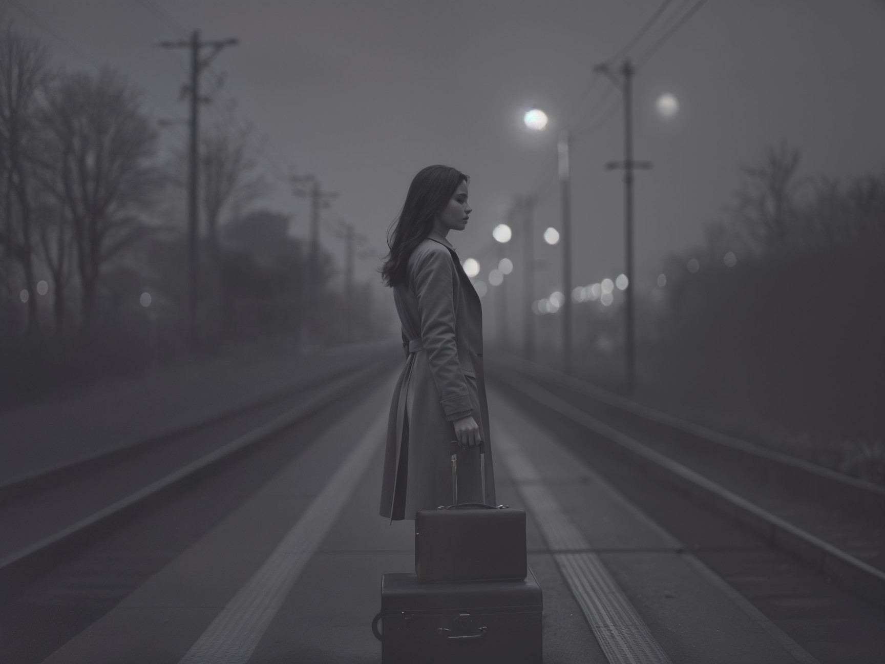 Solitary Figure on Misty Railway Track with Suitcase