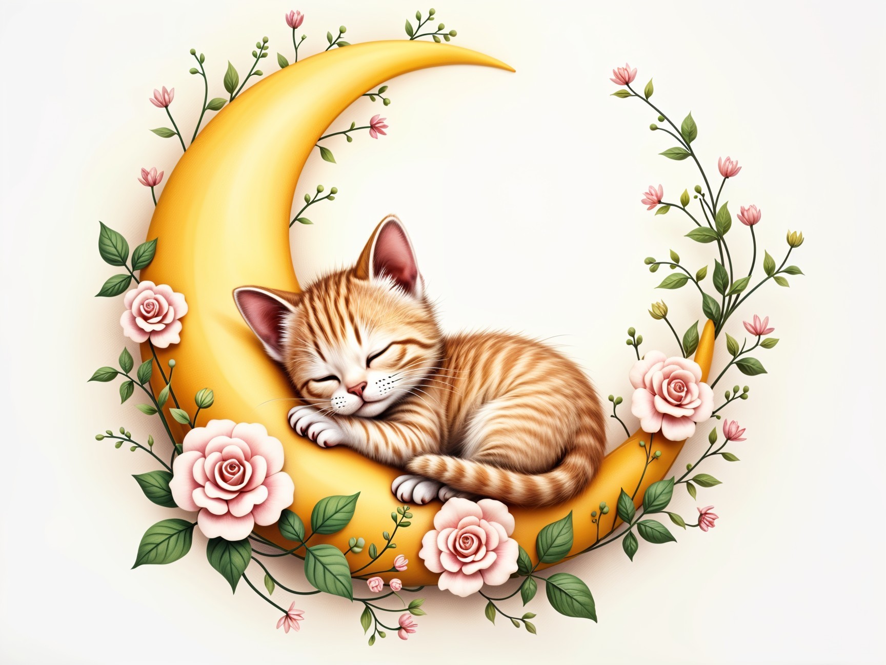 Orange Tabby Kitten Sleeping on Crescent Moon