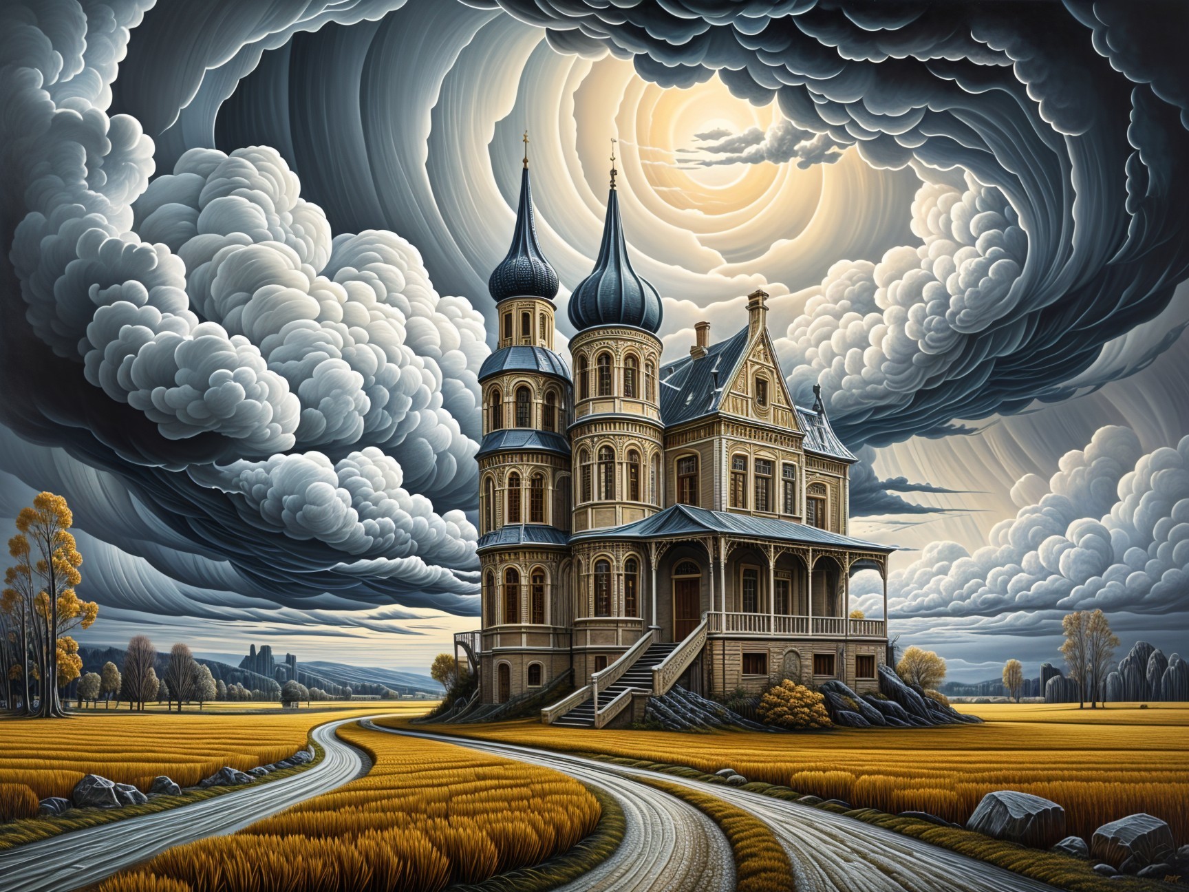 Ornate mansion with spires in golden fields under clouds
