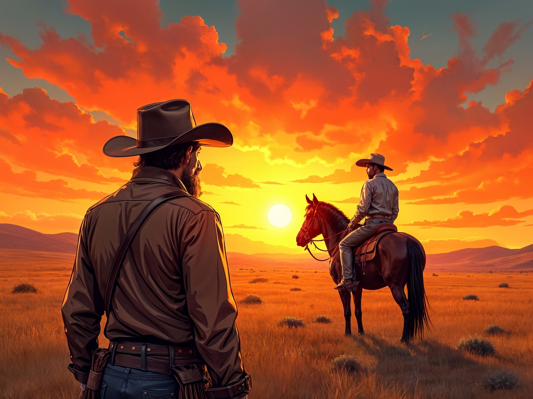 Cowboys in Sunset Over Golden Grassland Landscape