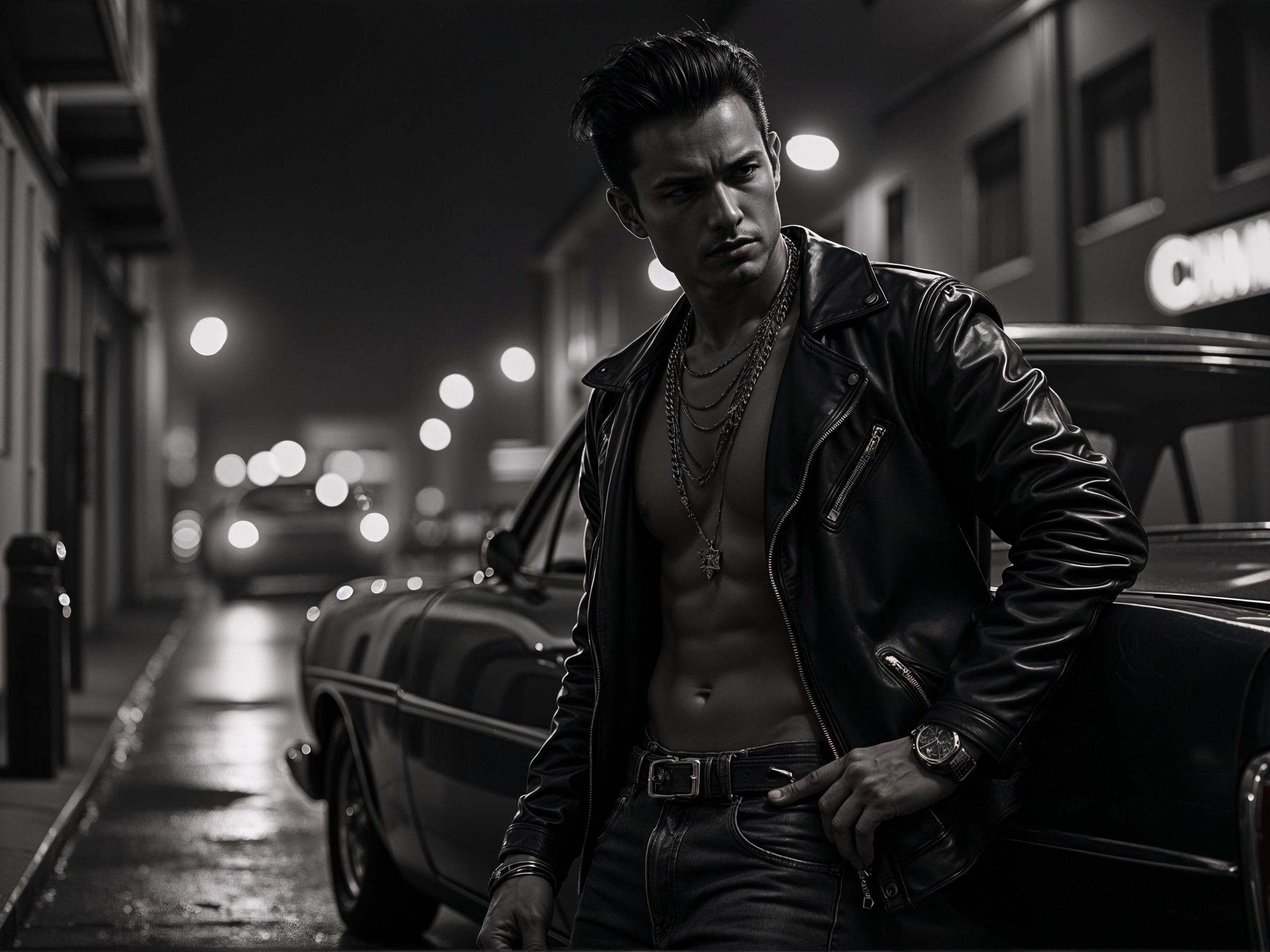 Stylish Young Man by Classic Car in Urban Setting