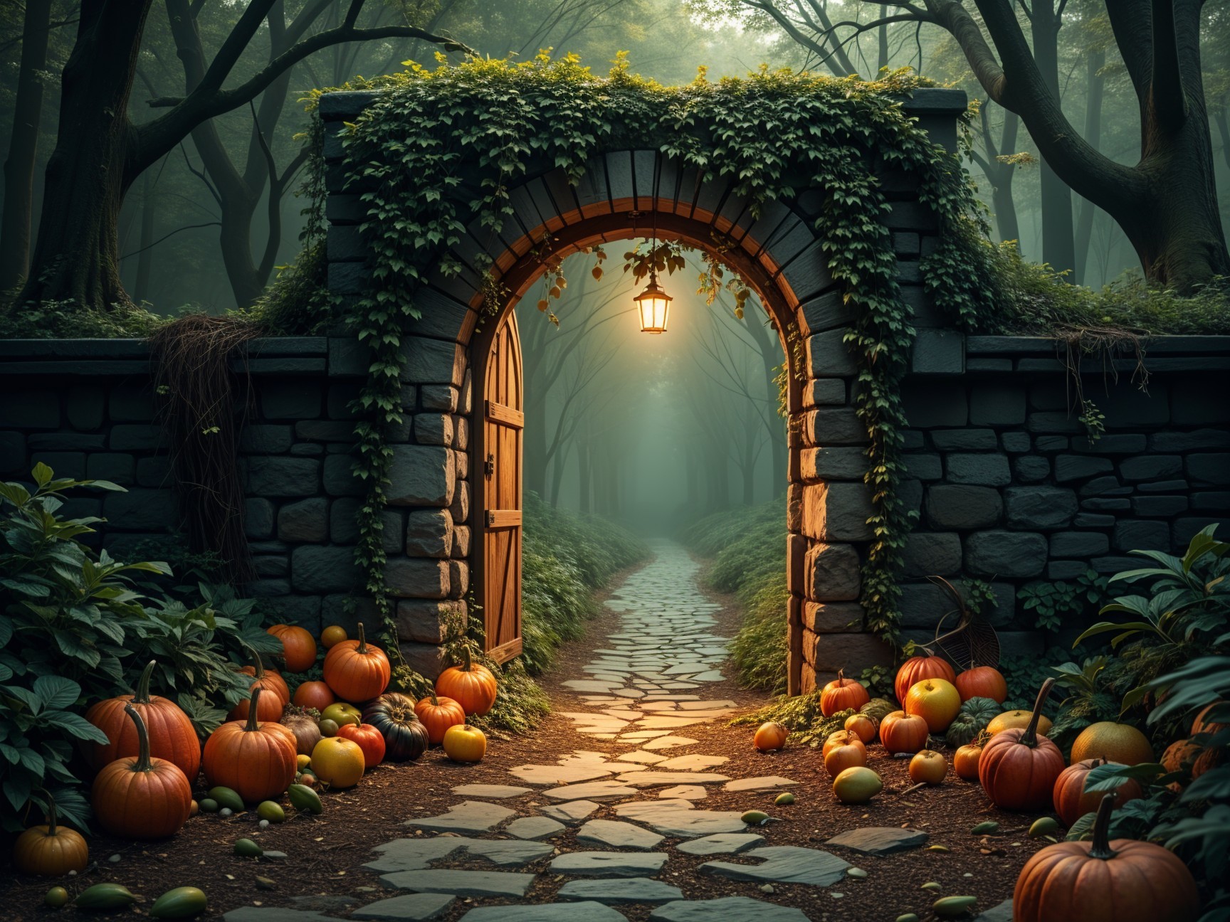 Serene Forest Path with Stone Archway and Lantern