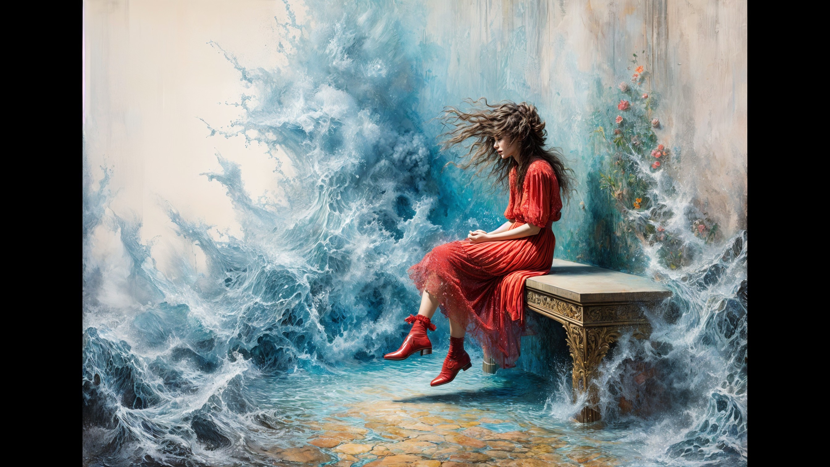 Young Woman in Red Dress Amidst Waves and Roses