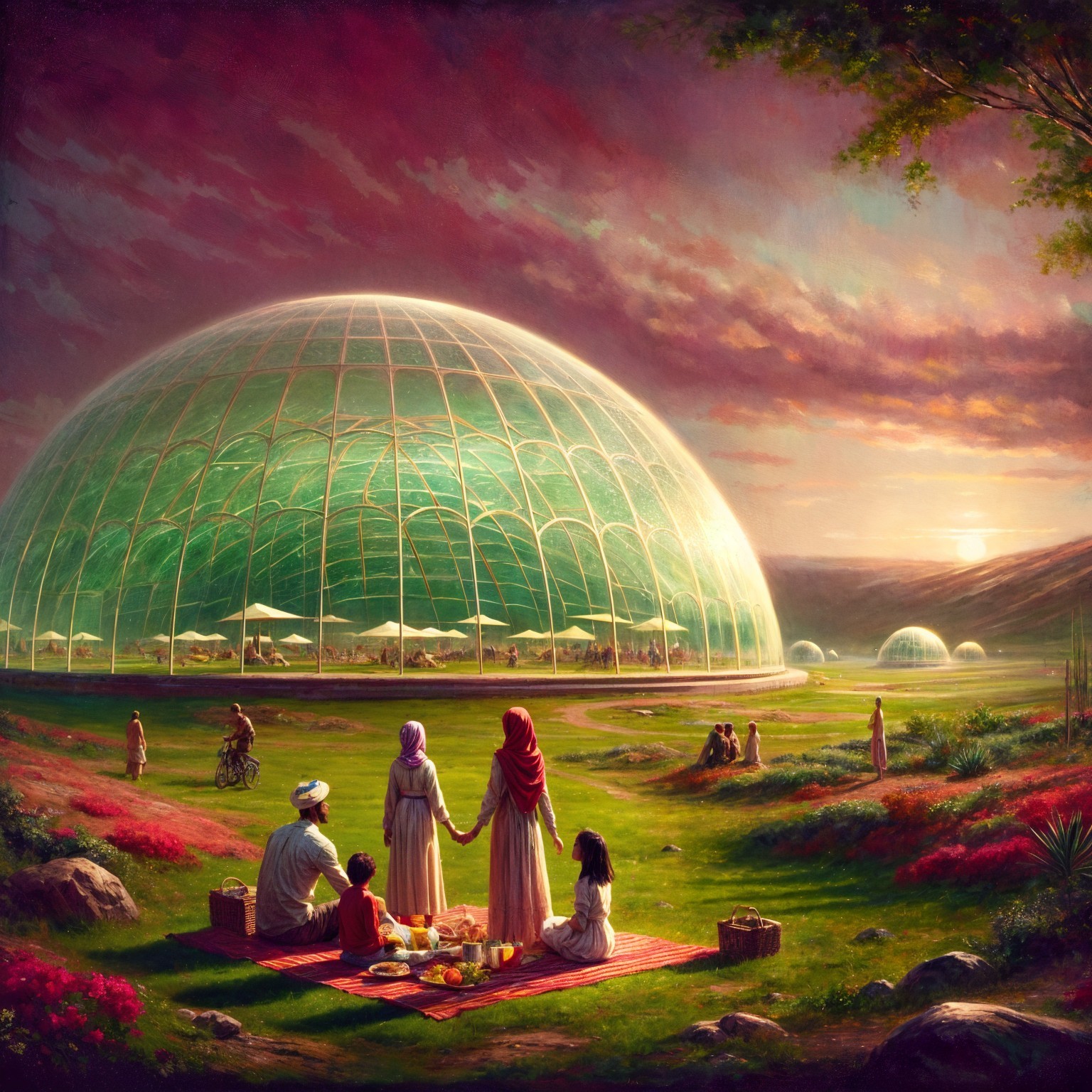 Diverse Family Picnic in Futuristic Landscape at Sunset