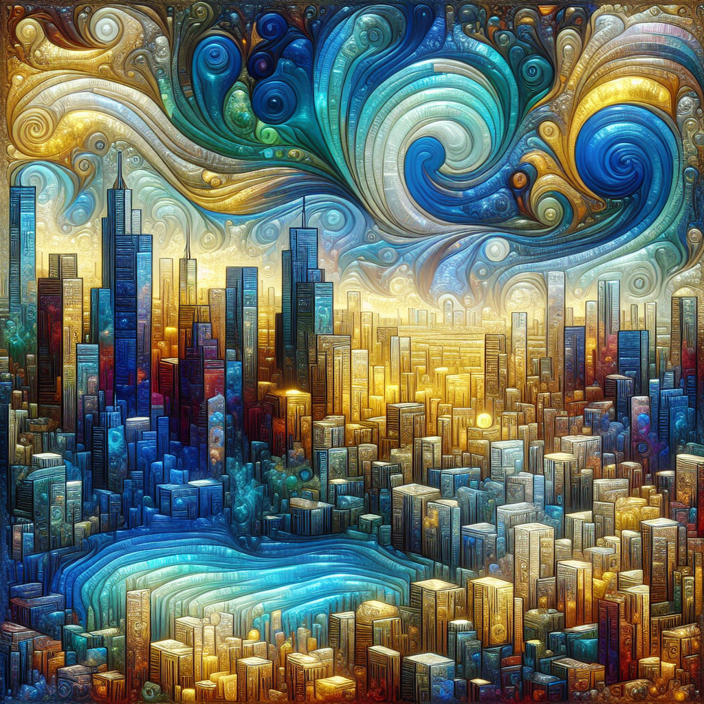 Abstract Cityscape with Blue and Gold Swirling Clouds