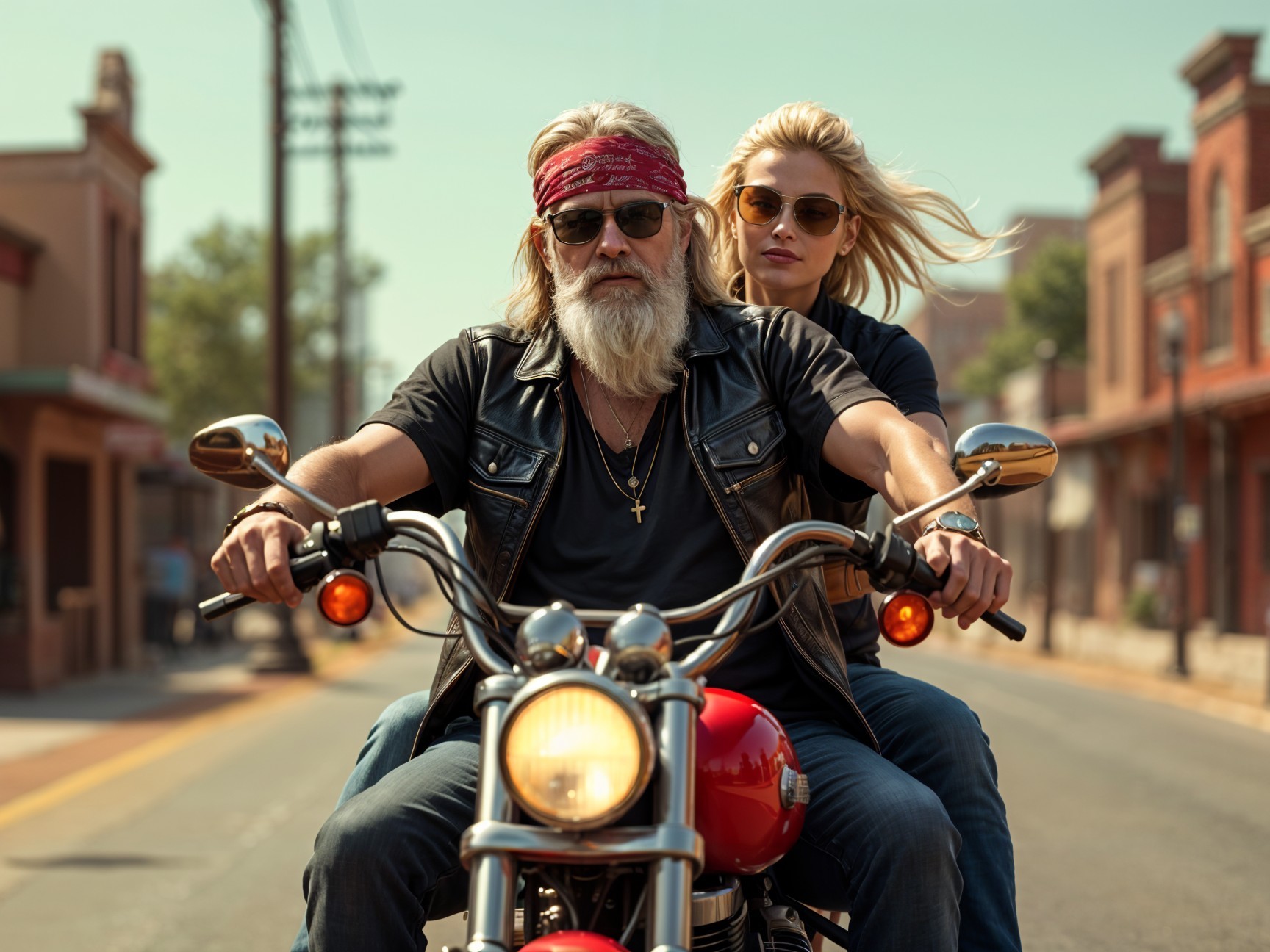 Rugged man and woman on motorcycle in small town