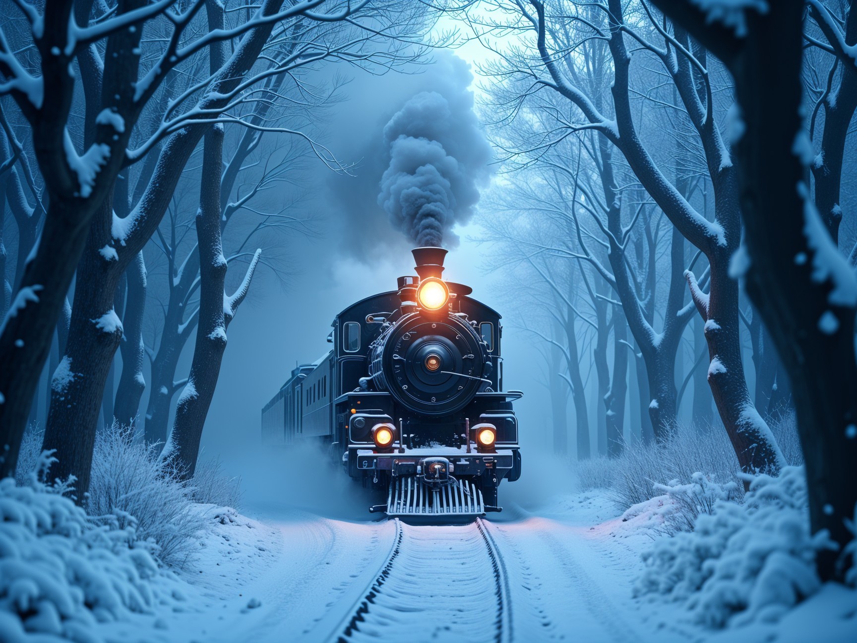 Vintage Steam Train in Snowy Forest Landscape