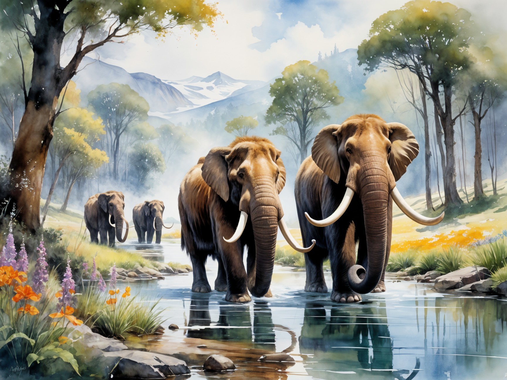 Elephants Wading in a Tranquil Stream Landscape