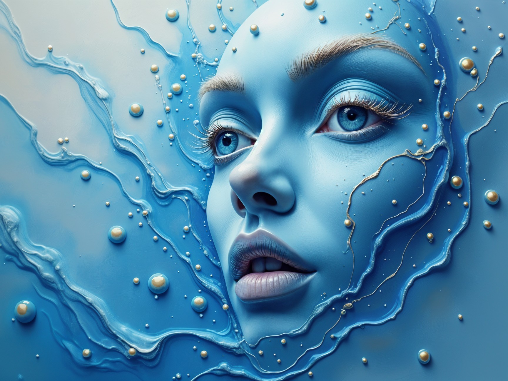 Surreal Ethereal Face with Blue-Toned Skin and Orbs