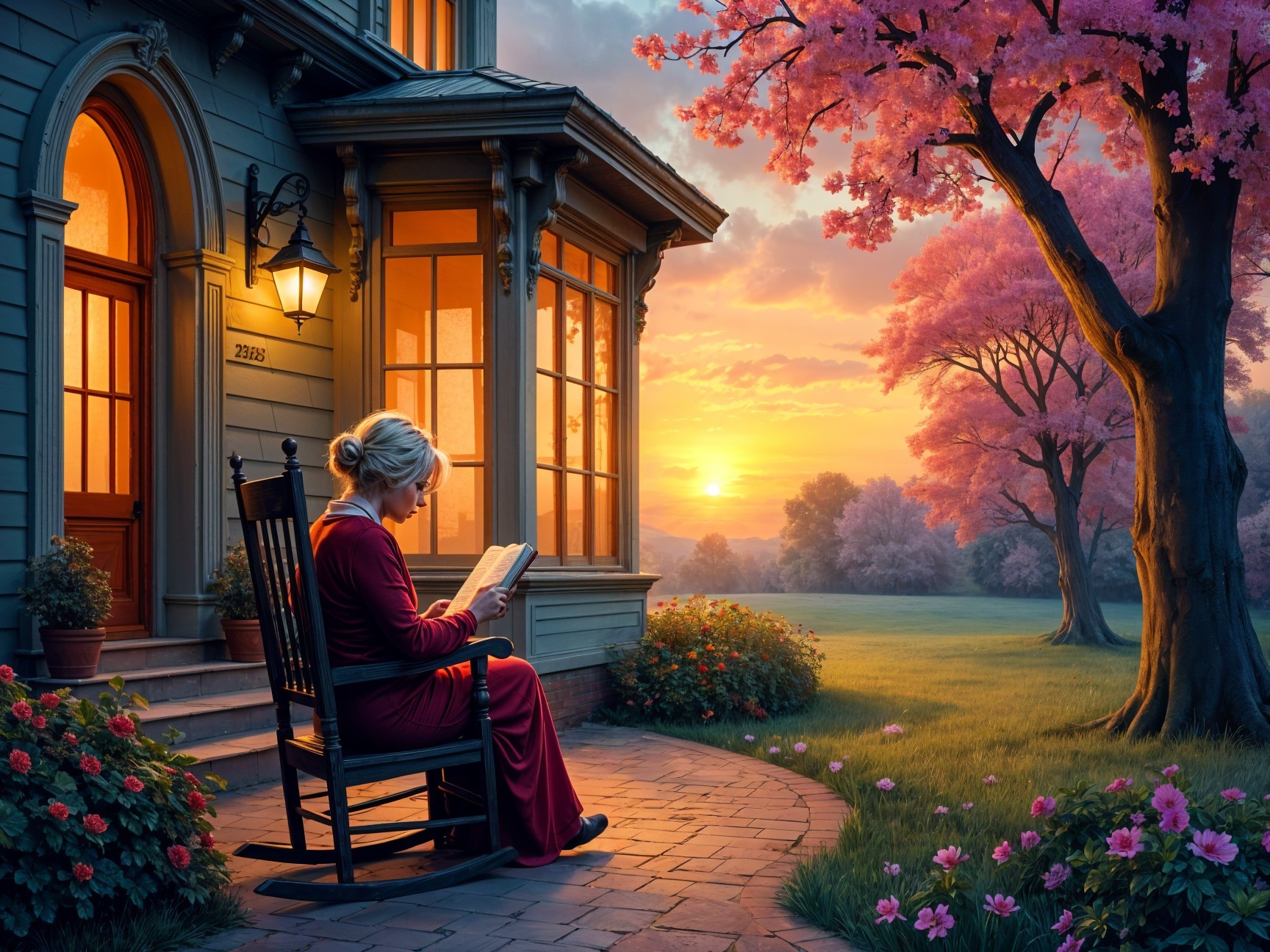Woman Reading on Porch at Sunset with Blooming Trees