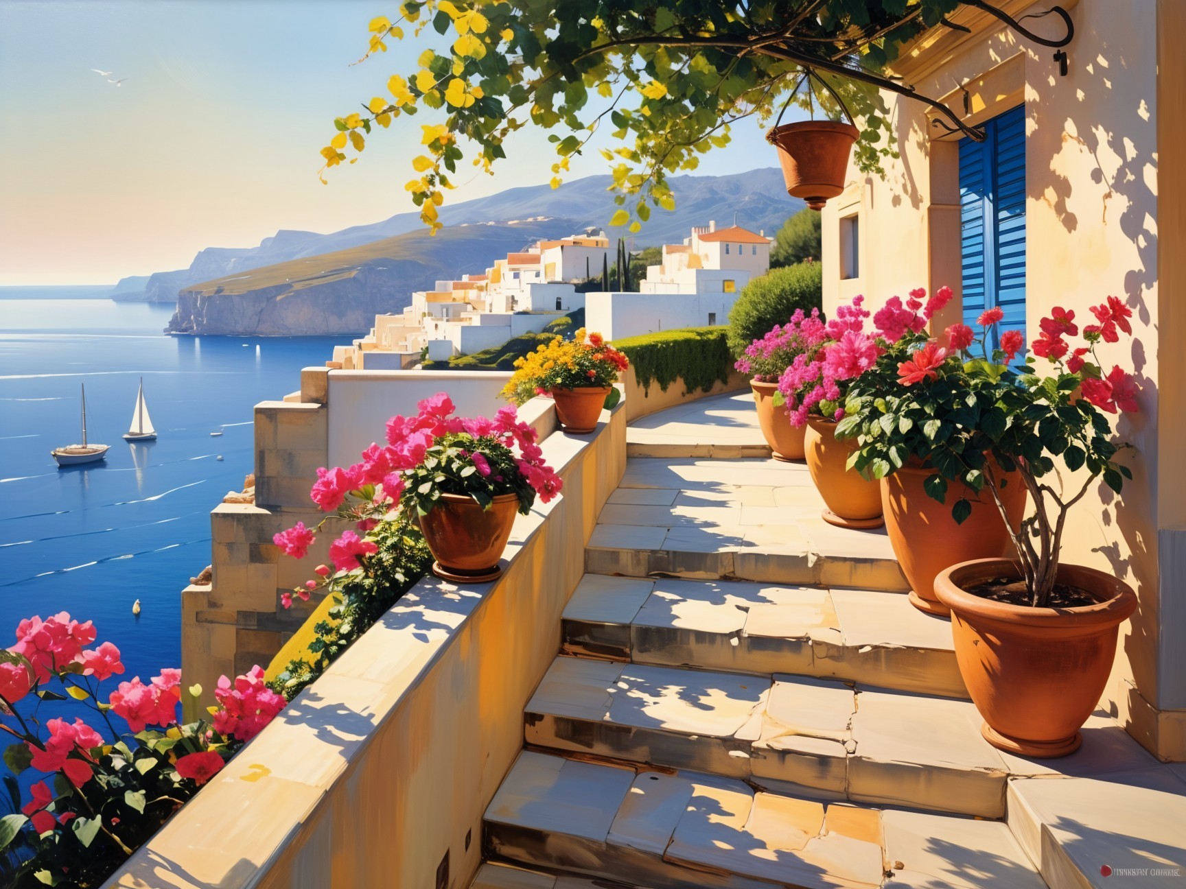 Coastal Scene with Bougainvillea and Whitewashed Buildings