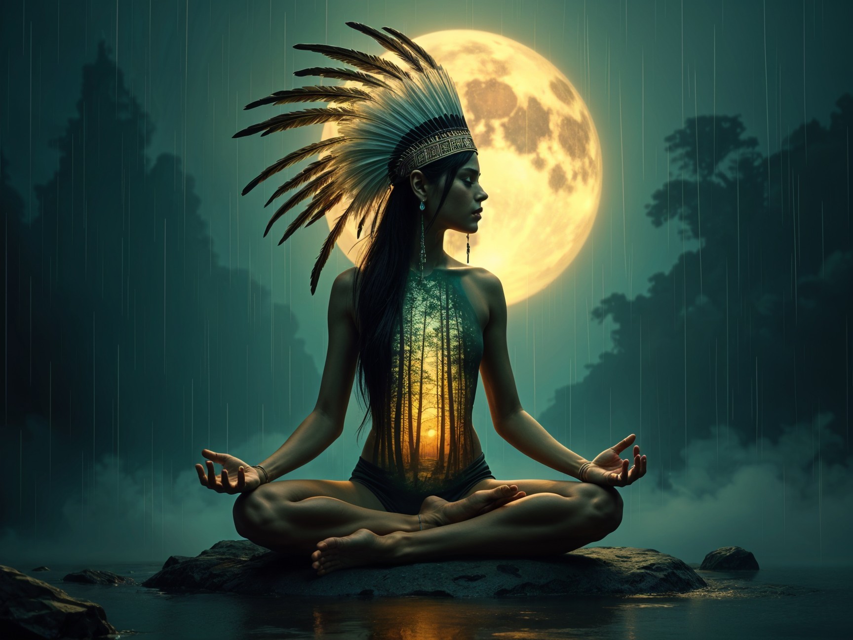 Tranquil Figure with Moon and Forest Imagery