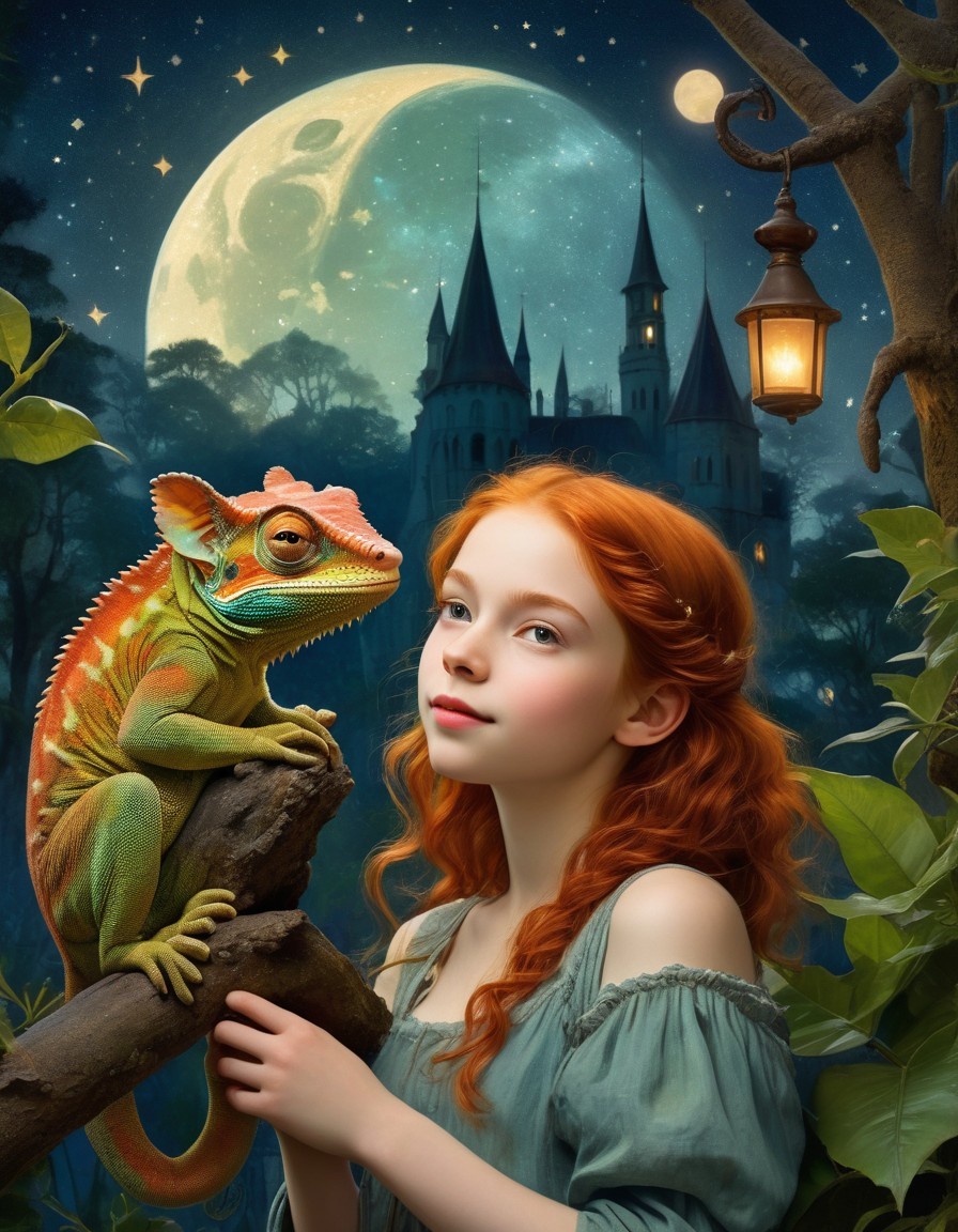 Red-haired girl in green dress with chameleon under moonlit night.