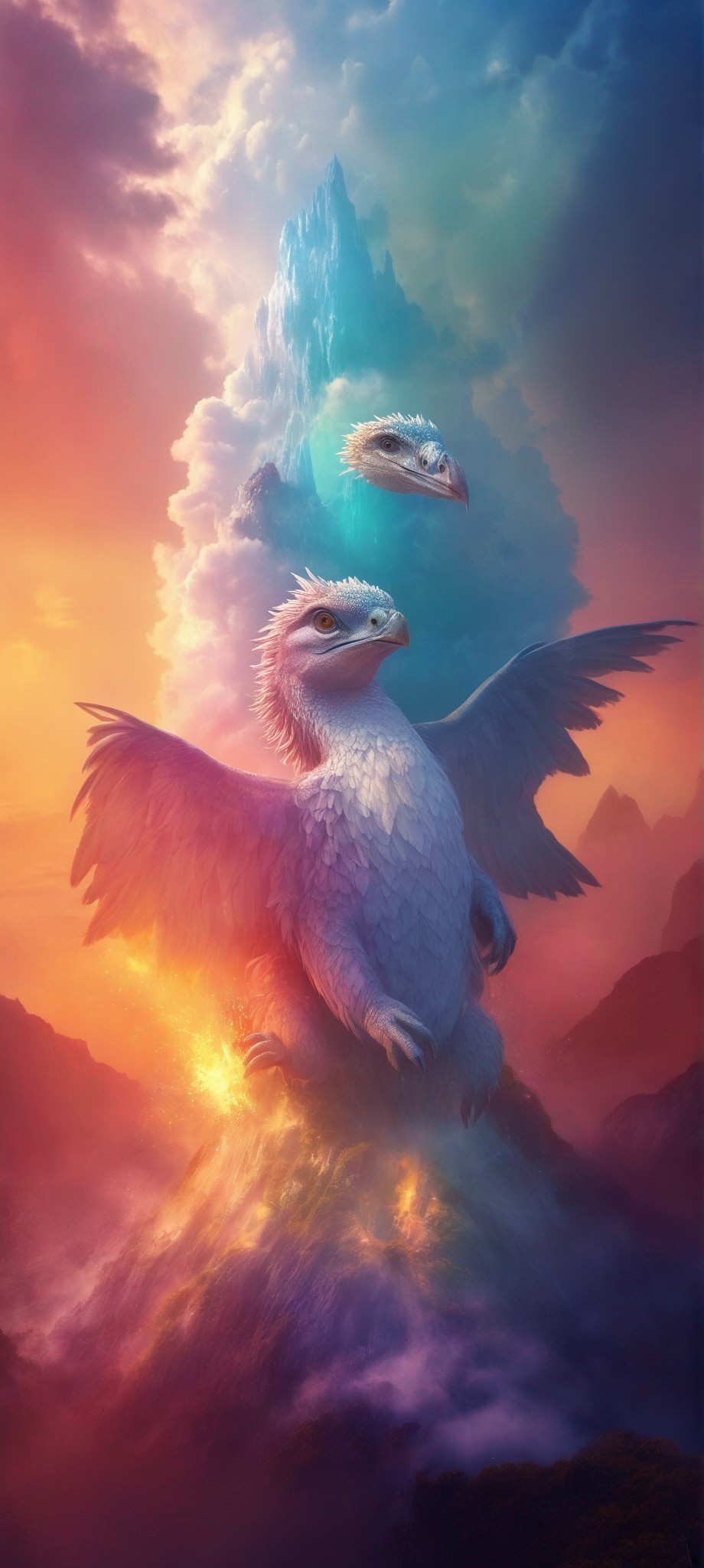 Mythical bird with bright feathers soaring above mountain and colorful sky