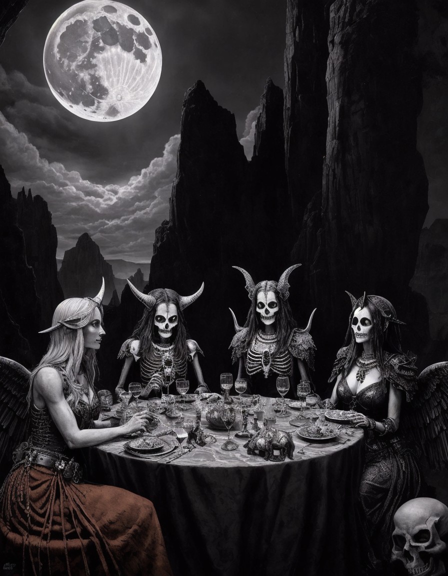 Skeletal Figures with Wings at a Moonlit Banquet