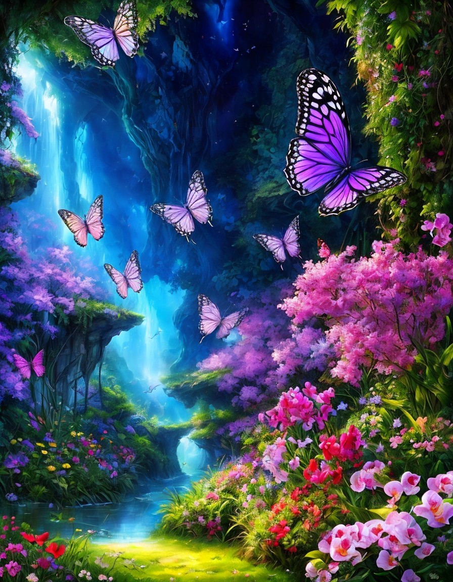 Colorful Fantasy Landscape with Waterfall, Flowers, and Butterflies