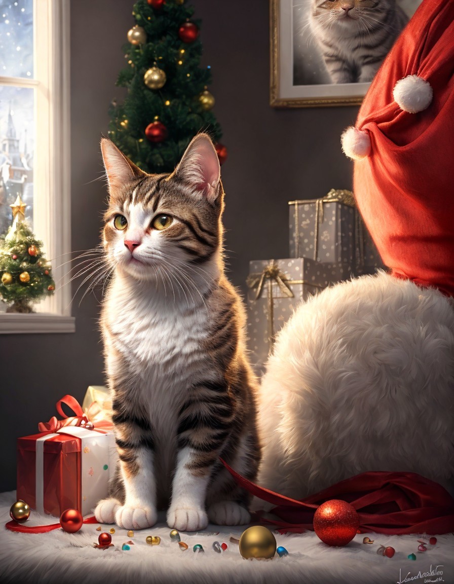 Striped Cat with Santa's Leg and Christmas Tree in Cozy Holiday Scene