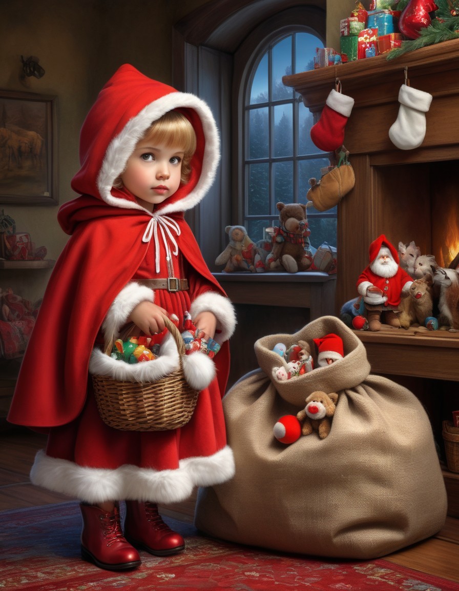 Child in Red Hooded Cloak with Toys in Christmas Decorated Room